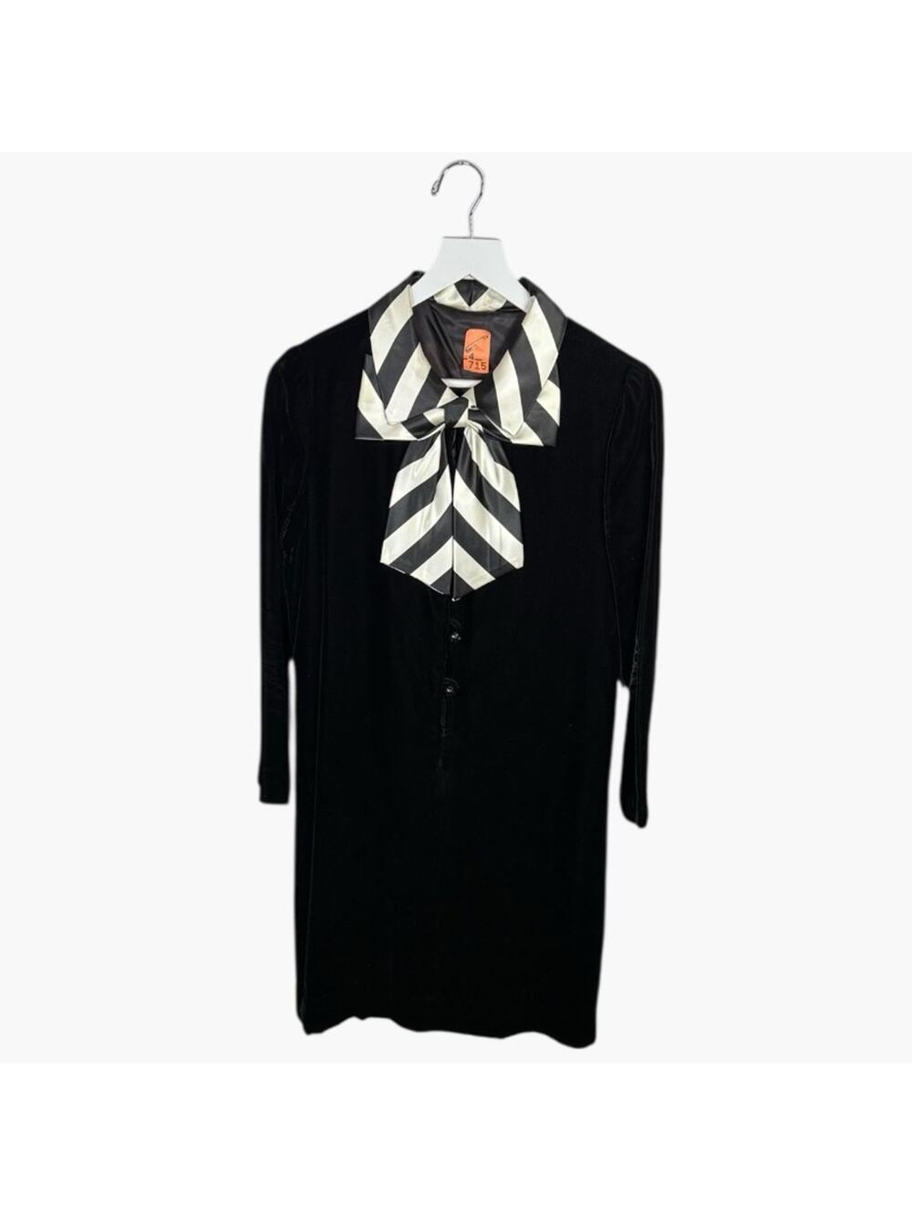 Rare Vintage 70s Black Velvet Pussybow Button-front Dress W2087 Sz 11